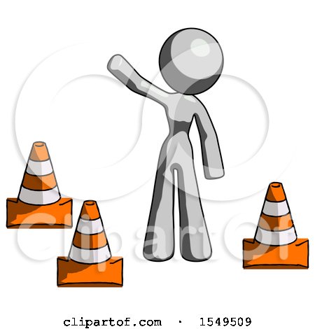Gray Design Mascot Woman Standing by Traffic Cones Waving by Leo Blanchette