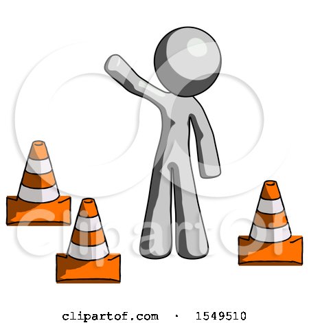 Gray Design Mascot Man Standing by Traffic Cones Waving by Leo Blanchette