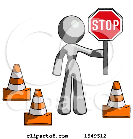 Gray Design Mascot Woman Holding Stop Sign by Traffic Cones Under Construction Concept by Leo Blanchette