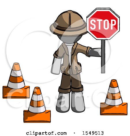 Gray Explorer Ranger Man Holding Stop Sign by Traffic Cones Under Construction Concept by Leo Blanchette