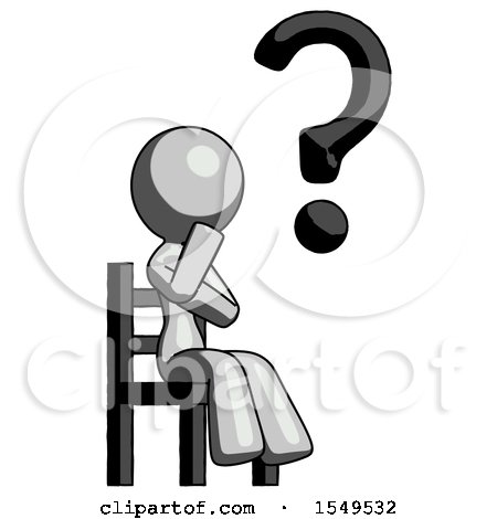 Gray Design Mascot Woman Question Mark Concept, Sitting on Chair Thinking by Leo Blanchette