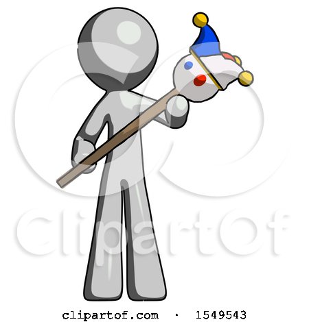 Gray Design Mascot Man Holding Jester Diagonally by Leo Blanchette
