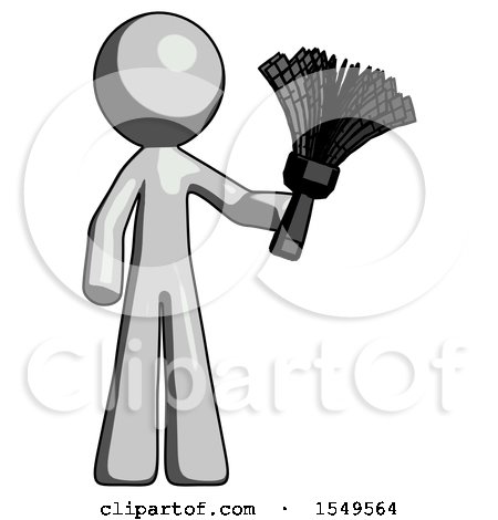 Gray Design Mascot Man Holding Feather Duster Facing Forward by Leo Blanchette