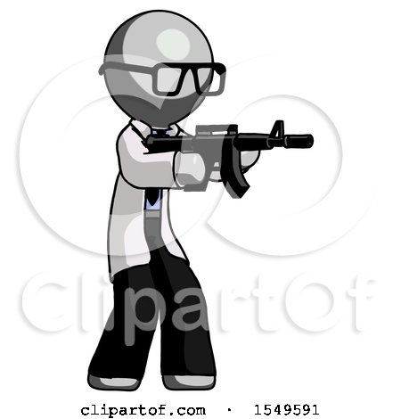 Gray Doctor Scientist Man Shooting Automatic Assault Weapon by Leo Blanchette