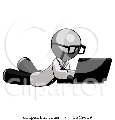 Gray Doctor Scientist Man Using Laptop Computer While Lying on Floor Side Angled View by Leo Blanchette