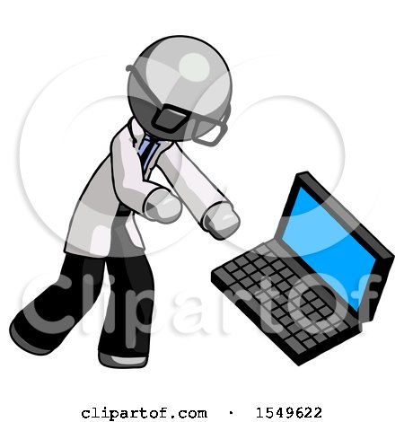 Gray Doctor Scientist Man Throwing Laptop Computer in Frustration by Leo Blanchette