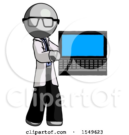 Gray Doctor Scientist Man Holding Laptop Computer Presenting Something on Screen by Leo Blanchette