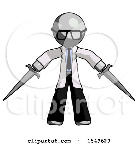 Gray Doctor Scientist Man Two Sword Defense Pose by Leo Blanchette