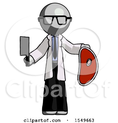 Gray Doctor Scientist Man Holding Large Steak with Butcher Knife by Leo Blanchette