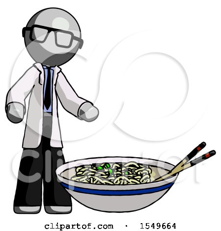 Gray Doctor Scientist Man and Noodle Bowl, Giant Soup Restaraunt Concept by Leo Blanchette