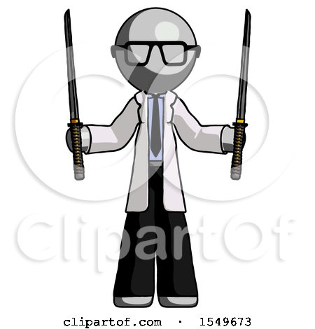 Gray Doctor Scientist Man Posing with Two Ninja Sword Katanas up by Leo Blanchette