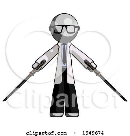 Gray Doctor Scientist Man Posing with Two Ninja Sword Katanas by Leo Blanchette