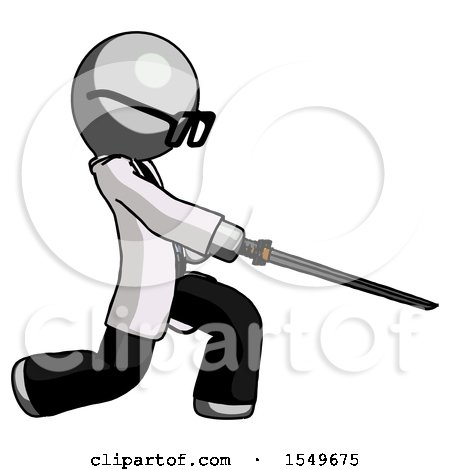 Gray Doctor Scientist Man with Ninja Sword Katana Slicing or Striking Something by Leo Blanchette