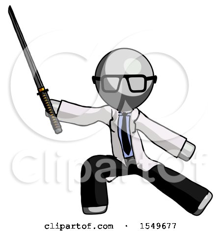 Gray Doctor Scientist Man with Ninja Sword Katana in Defense Pose by Leo Blanchette