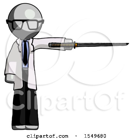 Gray Doctor Scientist Man Standing with Ninja Sword Katana Pointing Right by Leo Blanchette