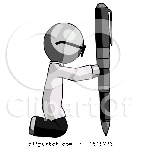 Gray Doctor Scientist Man Posing with Giant Pen in Powerful yet Awkward Manner. by Leo Blanchette