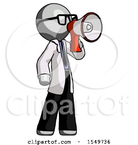 Gray Doctor Scientist Man Shouting into Megaphone Bullhorn Facing Right by Leo Blanchette