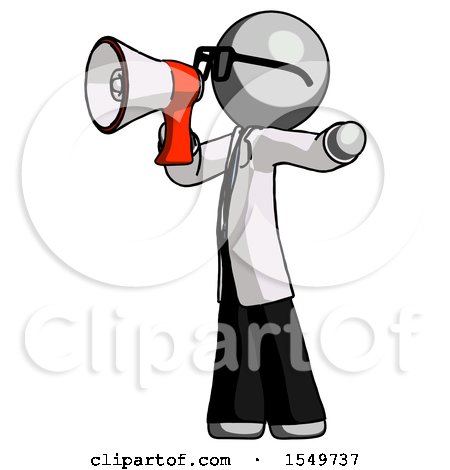 Gray Doctor Scientist Man Shouting into Megaphone Bullhorn Facing Left by Leo Blanchette
