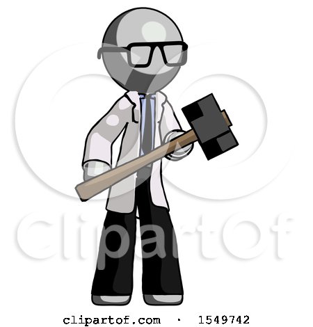 Gray Doctor Scientist Man with Sledgehammer Standing Ready to Work or Defend by Leo Blanchette