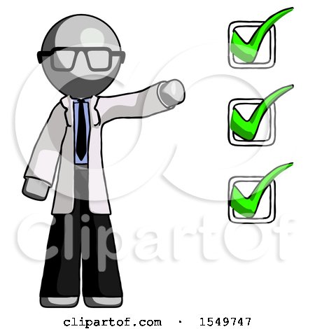 Gray Doctor Scientist Man Standing by List of Checkmarks by Leo Blanchette