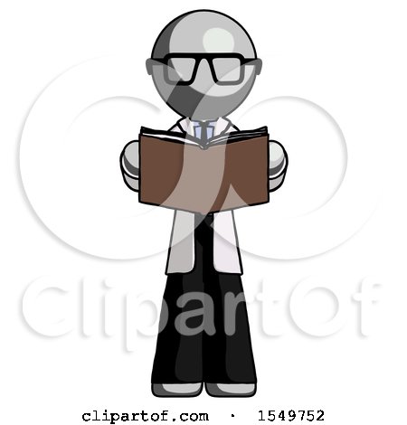 Gray Doctor Scientist Man Reading Book While Standing up Facing Viewer by Leo Blanchette