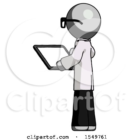Gray Doctor Scientist Man Looking at Tablet Device Computer with Back to Viewer by Leo Blanchette