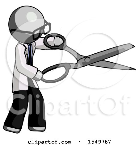 Gray Doctor Scientist Man Holding Giant Scissors Cutting out Something by Leo Blanchette
