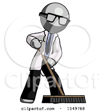 Gray Doctor Scientist Man Cleaning Services Janitor Sweeping Floor with Push Broom by Leo Blanchette