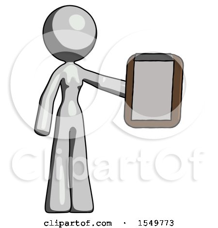 Gray Design Mascot Woman Showing Clipboard to Viewer by Leo Blanchette