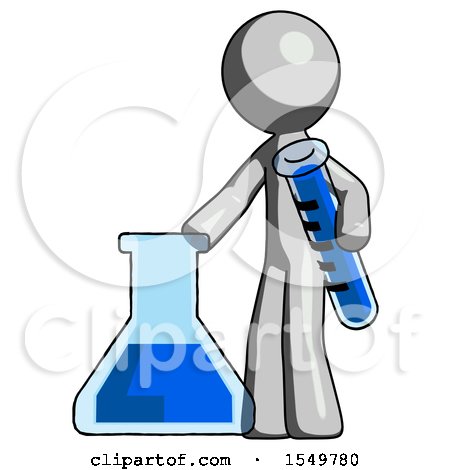 Gray Design Mascot Man Holding Test Tube Beside Beaker or Flask by Leo Blanchette