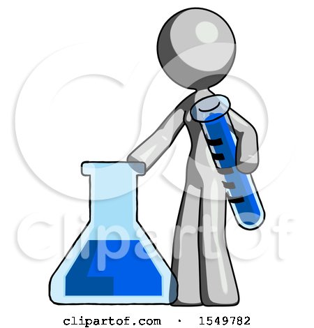 Gray Design Mascot Woman Holding Test Tube Beside Beaker or Flask by Leo Blanchette