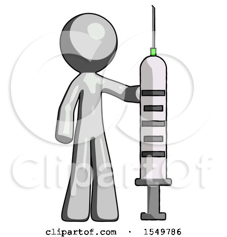 Gray Design Mascot Man Holding Large Syringe by Leo Blanchette