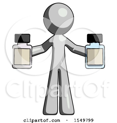 Gray Design Mascot Man Holding Two Medicine Bottles by Leo Blanchette