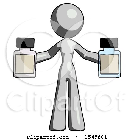 Gray Design Mascot Woman Holding Two Medicine Bottles by Leo Blanchette