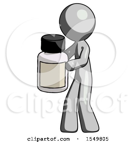Gray Design Mascot Man Holding White Medicine Bottle by Leo Blanchette