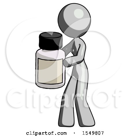 Gray Design Mascot Woman Holding White Medicine Bottle by Leo Blanchette