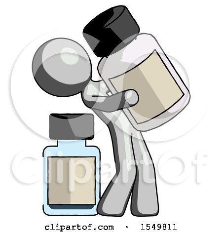 Gray Design Mascot Man Holding Large White Medicine Bottle with Bottle in Background by Leo Blanchette