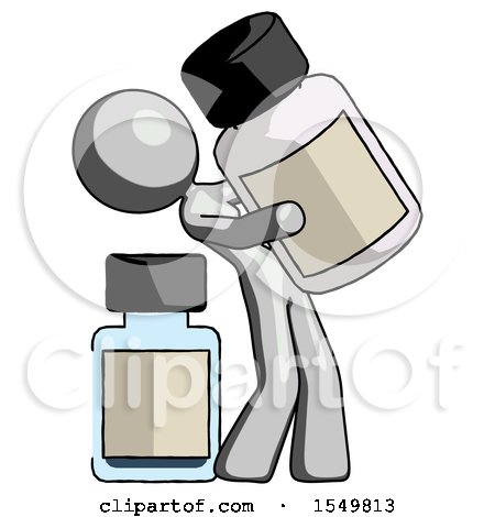 Gray Design Mascot Woman Holding Large White Medicine Bottle with Bottle in Background by Leo Blanchette