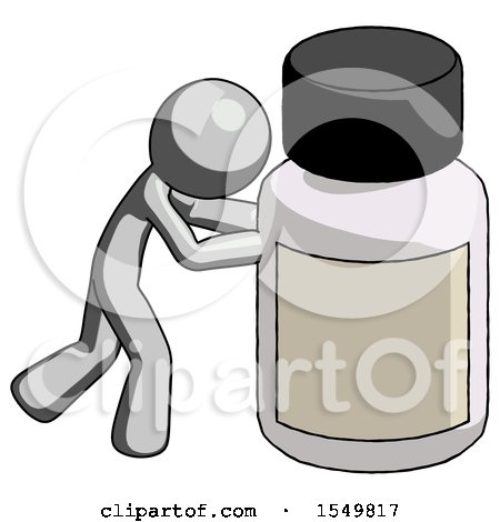 Gray Design Mascot Man Pushing Large Medicine Bottle by Leo Blanchette