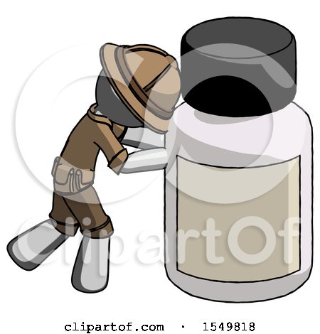 Gray Explorer Ranger Man Pushing Large Medicine Bottle by Leo Blanchette
