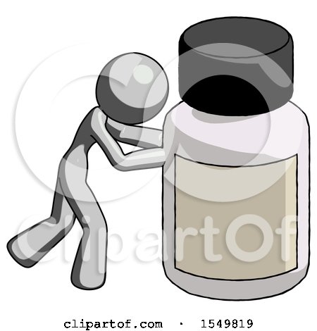 Gray Design Mascot Woman Pushing Large Medicine Bottle by Leo Blanchette