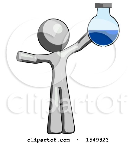 Gray Design Mascot Man Holding Large Round Flask or Beaker by Leo Blanchette