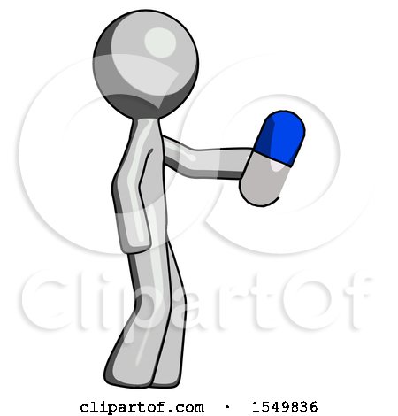Gray Design Mascot Man Holding Blue Pill Walking to Right by Leo Blanchette