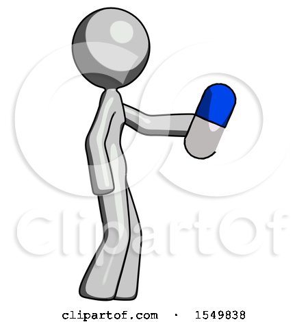 Gray Design Mascot Woman Holding Blue Pill Walking to Right by Leo Blanchette