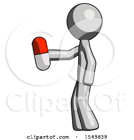 Gray Design Mascot Man Holding Red Pill Walking to Left by Leo Blanchette