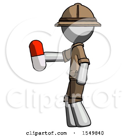 Gray Explorer Ranger Man Holding Red Pill Walking to Left by Leo Blanchette
