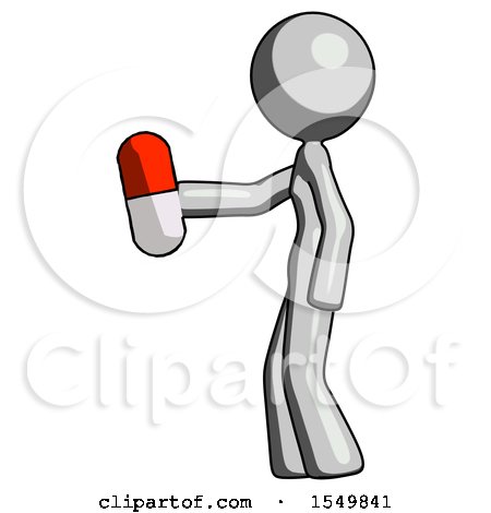Gray Design Mascot Woman Holding Red Pill Walking to Left by Leo Blanchette