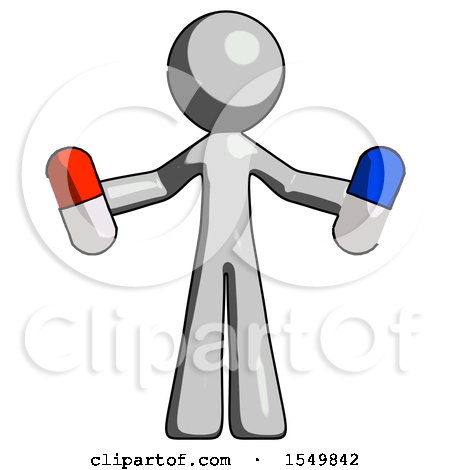 Gray Design Mascot Man Holding a Red Pill and Blue Pill by Leo Blanchette