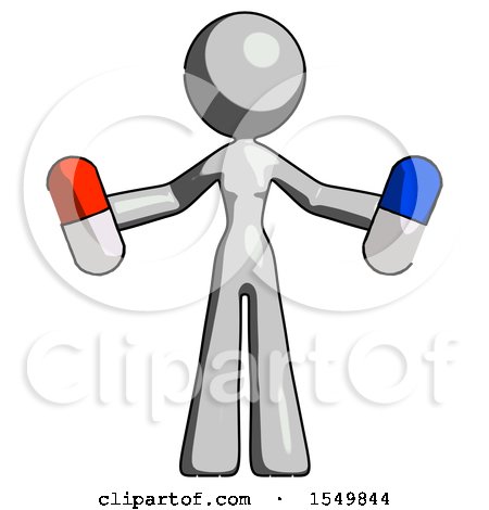 Gray Design Mascot Woman Holding a Red Pill and Blue Pill by Leo Blanchette