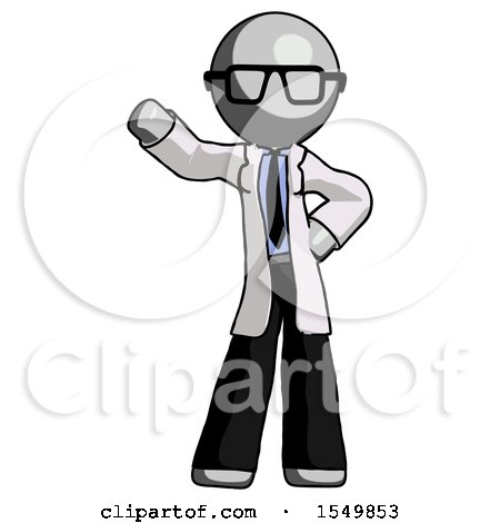 Gray Doctor Scientist Man Waving Right Arm with Hand on Hip by Leo Blanchette